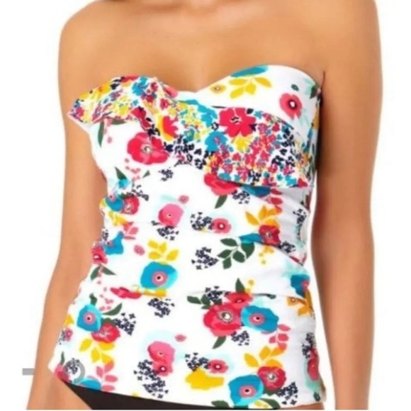 Liz Claiborne Floral Tankini Top Medium Ruched White Single Strap or Strapless - Picture 2 of 9
